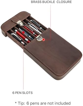 Hiram Vintage Leather 6-Pen Case Large Capacity Pen Holder with Brass Buckle Closure Travel Pouch for Fountain Pens Rollerballs - Image 4