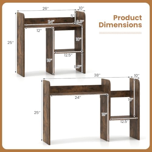 Tangkula Extendable Desktop Bookshelf, Dorm Desk Hutch, Rustic Brown - Image 3