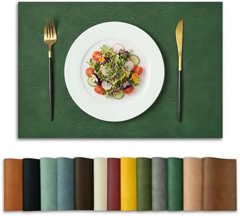 Artoid Mode Green Faux Leather Placemats Set of 8, 12x18 Inch Waterproof Wipeable Heat Resistant Vinyl Place Mats, Reversible Table Mats for Kitchen Dining Decor by ArtoidMode