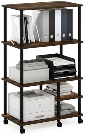 Furinno Turn-N-Tube 4-Tier Toolless Multipurpose Printer Stand Display Storage Shelf with Wheels, Amber Pine/Black by Furinno-FitsYourSpaceFitsYourBudget