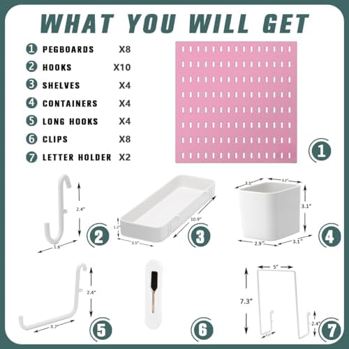 MULSAME Pegboard Combination Kit, Wall Mounted Storage Set with 8 Pegboards & 28 Accessories Hanging, Peg Boards Organizer for Walls Display, Crafts Organization, Kitchen Organizer, 22" x 44" Pink - Image 2