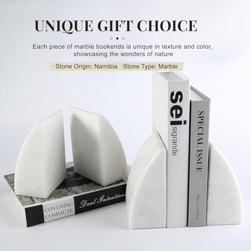 Koville Marble Bookends for Shelves, Large Bookends for Heavy Books, Natural Stone Book Stopper for Books CD Movies, Aesthetic Decorative Book Ends (White) - Image 4