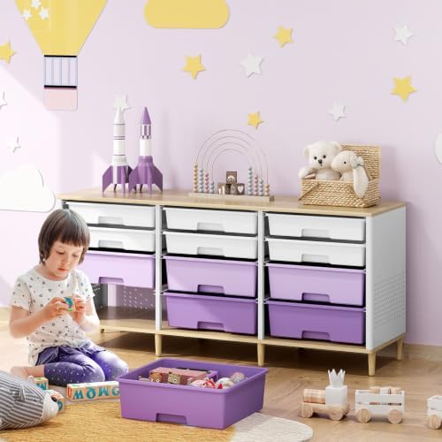 TOOLF 12 Drawers Storage Cabinet with Wooden Top and Plastic Bins,Purple - Image 7