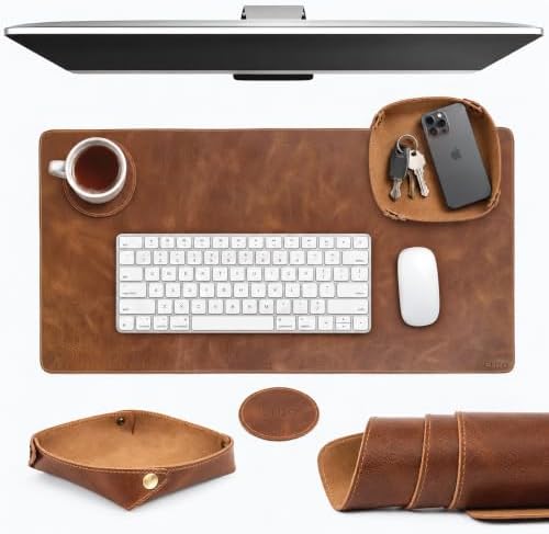 Elizo Real Leather Desk Mat Set (32x16) Large Desk Cover Desk Blotter Protector Computer Gaming Mouse Pad Table Laptop Office Desktop Accessories - Cognac Crunch by Elizo