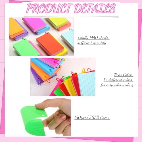 Ctosree 1440 Pcs Back to School Index Cards, 3 x 5 Inch, Neon Color - Image 3