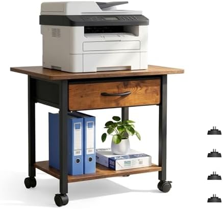 22" x 15" Under Desk Rolling Printer Stand, 2-Tier Industrial Mobile Printer Table with Strong Fabric Drawer,Storage Shelf, Steel Frame and Lockable Wheels, Printer Cart for Home Office (Rustic Brown) by HUACZ
