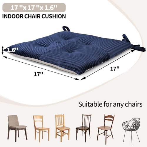 Office Stacking Chair Cushions 4 Pack, Corduroy High Density Foam Kitchen Seat Cushions with Ties, Square 17" x 17" Indoor Non-Slip Dining Chair Pads, Navy Blue，4pcs - Image 4