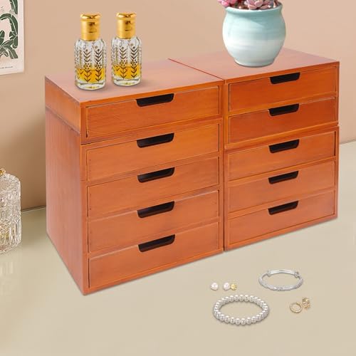4-Piece Wooden Stackable Drawer Cabinet Set - Desktop Storage Organizer with 10 Drawers, Sturdy Design for Home/Office, No Assembly, Space-Saving, Durable (Brown) - Image 2
