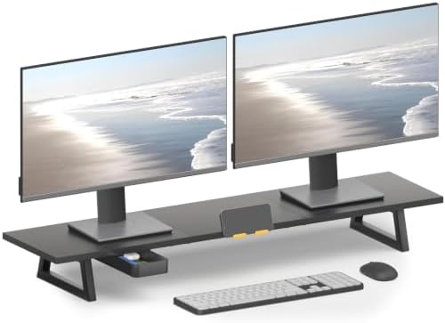 TEAMIX 39.4 inch Dual Monitor Stand Riser with Drawer & Phone Holder, Black by TEAMIX