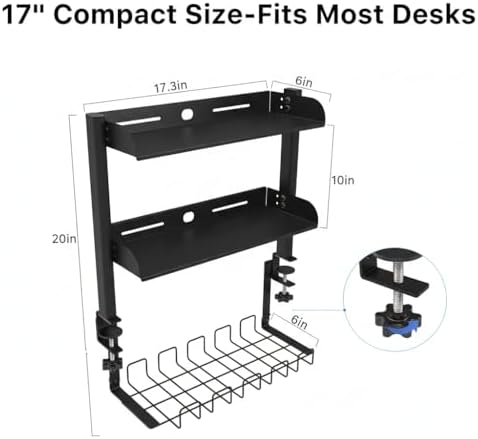 Clamp On Desk Shelf, 17'' 2-Tier Desktop Organizer Shelf with Under-Desk Hidden Storage Basket, Heavy-Duty Desk Shelves for Top of Desk, Space-Saving Desk Storage for Home Office Gaming Setup (Black) - Image 3