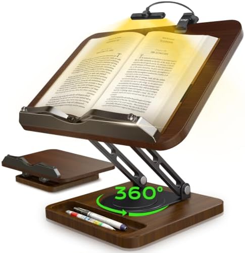 Book Stand with Light, 360° Rotating Holder with Page Clip, Ergonomic by LOXP