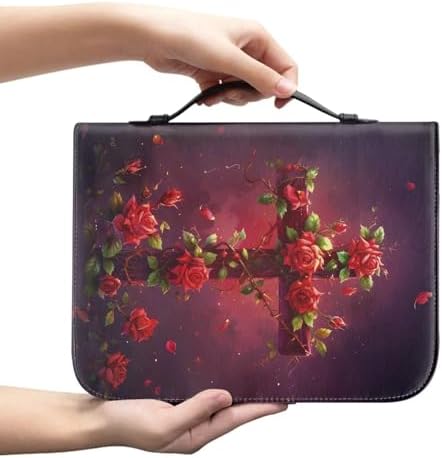 Cross & Red Rose Pattern Bible Cover for Women Soft PU Leather Verse Print Bible Carrying Case Large Capacity Book Organizer with Top Handle Gifts for Christians - Image 3