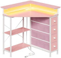 VENNQD Corner Desk with Drawers Shelves for Small Space 90 Degrees Triangle Computer Desk with Power Outlets,Gaming Desk with LED Lights Monitor Stand for Home Office Workstation Writing Table (Pink) by VENNQD