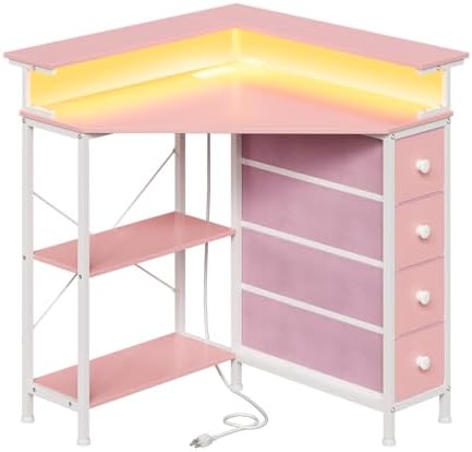 VENNQD Corner Desk with Drawers Shelves for Small Space 90 Degrees Triangle Computer Desk with Power Outlets,Gaming Desk with LED Lights Monitor Stand for Home Office Workstation Writing Table (Pink) by VENNQD