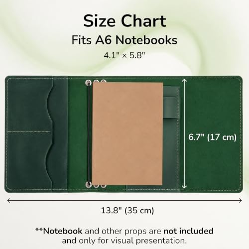 Genuine Leather A6 Journal Cover – Refillable Handmade Notebook Cover with 3 Elastic Bands, Pen Loop & Card Pockets – Travel Diary Case Fits A6 4.1" x 5.8" Notebooks (Paper Not Included), Green - Image 2