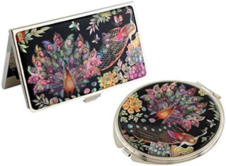 Mother of Pearl Design RFID Blocking Protection Business Card Case, Credit Card Holder, Metal Name Card Case, Stainless Steel Engraved Slim Purse Pocket Cash Money Wallet (Peacock Gift Set) by AntiqueAlive