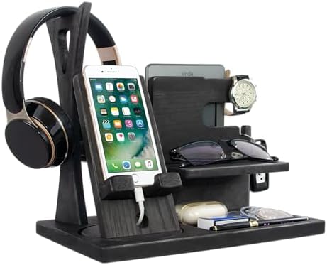Gift for Men Nightstand Organizer with Headphone Stand & Rotating Phone Stand, Stylish Headphone Holder to Keep Desk Accessories for Men Organized, Unique Dad Birthday Gift, Gifts for Boyfriend by Gladsico