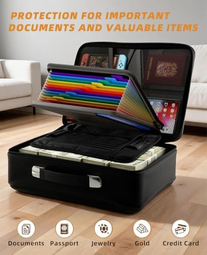 Fireproof Document Box with Lock,Hard-Shell Case File Organizer with 13 Pocket File Folder,Portable Office Travel Storage for Important Documents Passport Laptop (Black, Style A) - Image 6