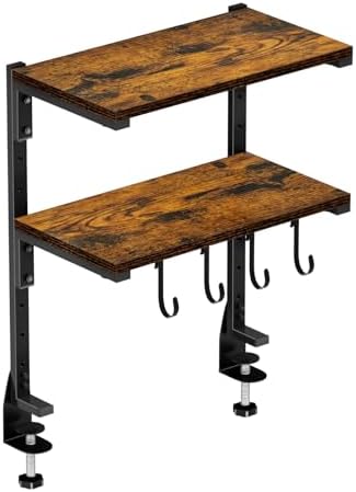 Clamp-on Desk Shelf, 13 inch Above or Below Desk 2-Tier Shelving, Adjustable Metal Storage Tray for Gaming Devices or Office Desk Accessories and More, Brown, Patent Pending by AUATRONNE