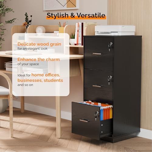 VINGLI 3 Drawer File Cabinet with Lock, Home Office Filing Organizer, for Letter Size File Folder Storage, Wood Tall Vertical Filing Cabinet, Printer Stand, Archivador (Black) - Image 5