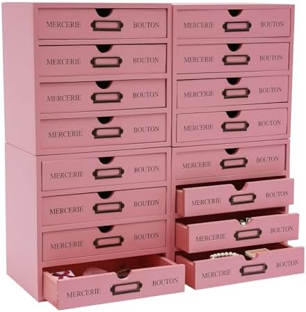 Vintage Wooden Drawers Organizer, 16-Drawer Desktop Storage Box With Drawers, Iron Label Holders, Apothecary Cabinet For Countertop Tea Coffee Pod Storage (16-Drawer/Pink) by LKOEWQZAMX