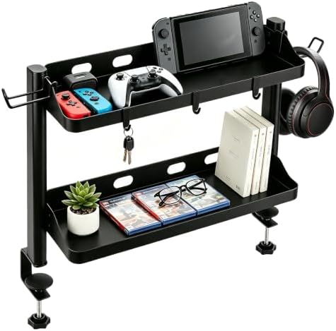 Clamp On Desk Shelf Organizer, 2-Tier Storage with Hooks by Unknown