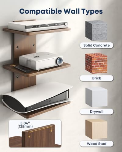Floating TV Projector Shelf Wall Mount - 3 Tier Wooden Shelf, Walnut Brown - Image 7