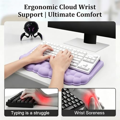 Cloud Keyboard Wrist Rest Set, 3 in 1 Ergonomic Memory Foam Keyboard Stand Pad with Mouse Wrist Support & Cup Holder, Anti-Slip Desk Cushion for Office Gaming Typing Pain Relief, Purple - Image 5