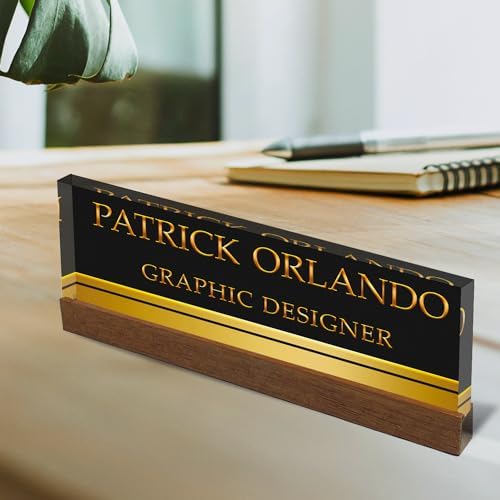 Artblox Personalized Office Desk Name Plate With Business Card Holder | Clear Acrylic Glass with Teak Wood Stand | Black Gold Stripe Design Customized with Your Name and Credentials Office Desk Décor - Image 2