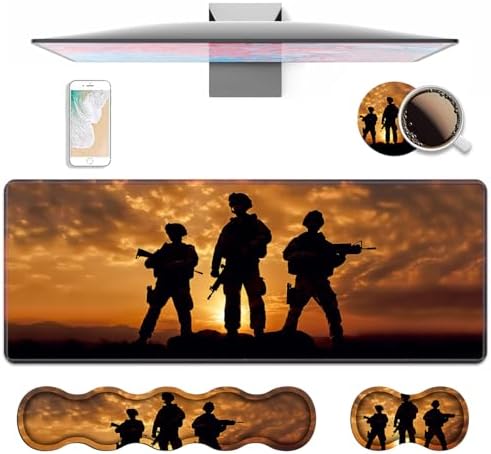 4 in 1 Ergonomic Keyboard Wrist Rest & Mouse Pad Wrist Rest Set, Large XXL Gaming Desk Mat 31.5"x 11.8" with Non-Slip Base, Memory Foam for Home Office Study Gaming, American Soldiers by Unknown