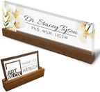 Artblox Personalized Office Desk Name Plate and Business Card Holder | Clear Acrylic Glass with Teak Wood Stand | Calla Flowers Design Customized with Your Name and Credentials Office Desk Decor by Artblox