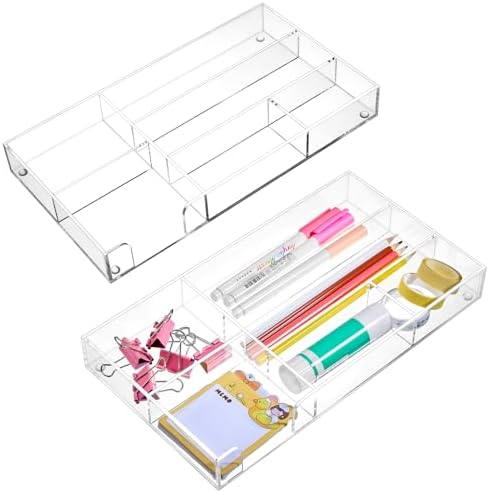 Briwooody 2 Pcs Clear Acrylic Desk Drawer Organizer 11 x 6 x 1.38 Inch Drawer Organizer Trays with 6 Compartments Desk Accessories for Office Makeup Silverware Bathroom by Briwooody
