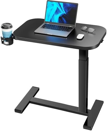 HUANUO 28Inch Bedside Table with Wheels, Height-Adjustable Rolling Computer Cart, Overbed Table with Cup Holder, Pneumatic Laptop Standing Desk for Home Office, Black by HUANUO