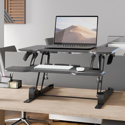 Mount-It! Height Adjustable Standing Desk Converter, Compact 30” Wide Tabletop Standing Desk Riser with Gas Spring, Desktop Stand Up Workstation with Keyboard Tray Fits Monitor or Laptop, Black - Image 2