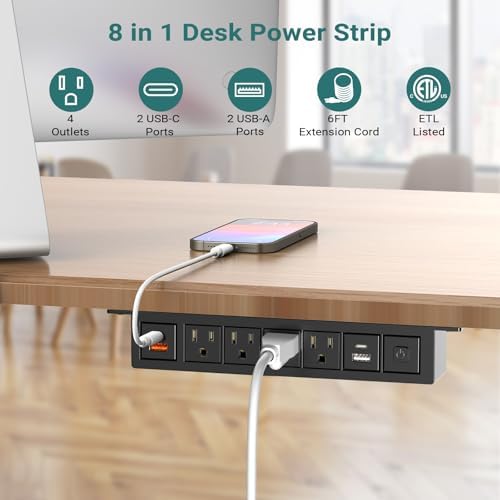Under Desk Power Strip with 20W USB C, QBA 8-in-1 Desk Outlet Station, 4 AC Outlets, 2 USB-C, 2 USB-A, 10FT Cable, Desk Mount Power Strip for Home Office Conference, ETL Listed(Black) - Image 3