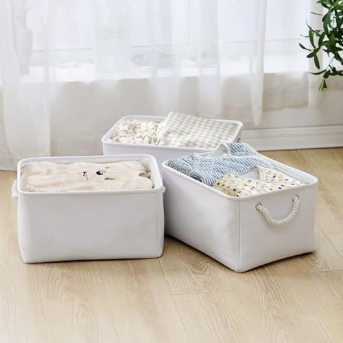 TheWarmHome Storage Basket for Gifts Empty - Large 3 Pack 15.7x11.8x8.2 inch Storage Basket for Organizing with Handles, Canves Storage Bins for Organizer Closet Toy Cubes Gift (White) - Image 4