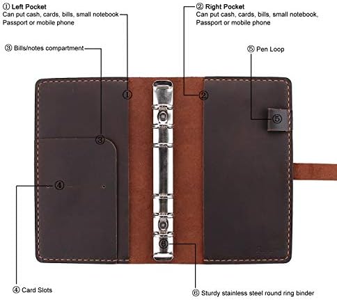 Genuine Leather Journal Writing Notebook, A6 Ring Binder Refillable Diary Notepads, Vintage Handmade Travel Organizer Agenda for Men Women - Coffee - Image 4