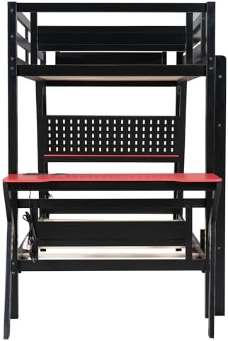 Polibi Twin Over Twin Bunk Bed with 2 Built-in Gaming Desks, USB Charging Ports & Pegboard Organizer, E-Sports Gaming Bed Frame for 2 Kids/Teens, Red (Twin Size) - Image 4