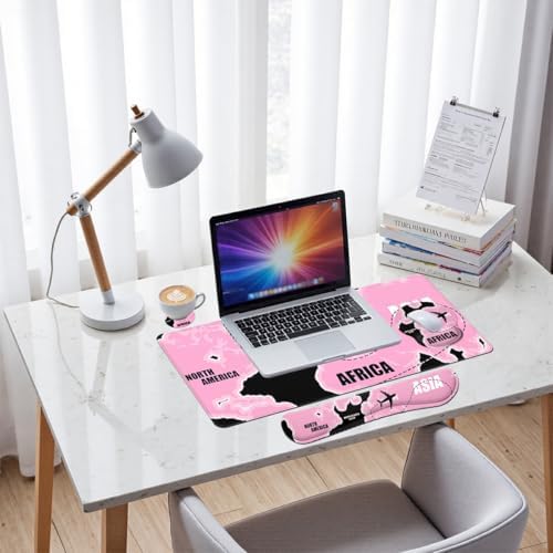 Pink World Map Desk Mat Set Travel Route Large Mouse Pad with Wrist Rest 4in1 Desk Mat for Desktop Ergonomic Keyboard Wrist Support Anti-Slip Computer Ergonomic Mouse Pad Home Office Gaming - Image 7