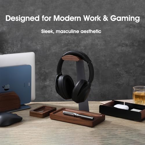 Walnut Headphone Stand, Wood Headset Holder with Storage for Desk - Image 6
