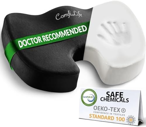 ComfiLife Premium Comfort Seat Cushion - Non-Slip Orthopedic 100% Memory Foam Coccyx Cushion for Tailbone Pain - Cushion for Office Chair Car Seat - Back Pain & Sciatica Relief (Black) by ComfiLife