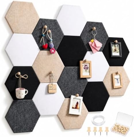 6.7 x 5.9 in 16 Pcs Hexagon Cork Board Tiles, Felt Pin Boards, Classic by Mindsoft