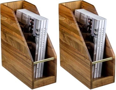 MyGift Premium Hotel Series Solid Acacia Wood Desktop Magazine File Holder Bin with Brass Tone Metal Accent, Vertical Office Desk Document Folder Binder Storage Organizer Rack (Pack of 2) by MyGiftHome