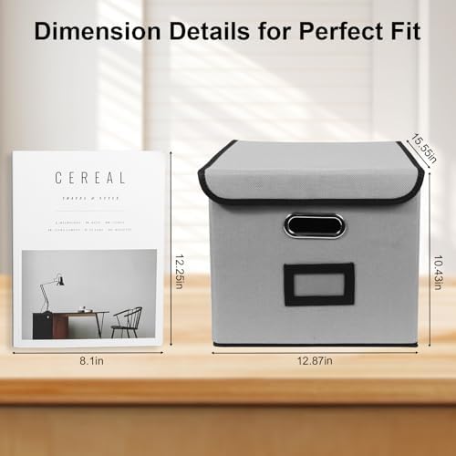 File Storage Box with Lid, 15.55x12.87x10.43 Inches, Foldable Organizer with Handles & Label Slot, for File Storage, Home, Office, and Closet Organization(4 Packs, Grey) - Image 2