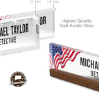 Artblox Personalized Office Desk Name Plate With Business Card Holder | Clear Acrylic Glass with Teak Wood Stand | Us Flag Design Customized with Your Name and Credentials Office Desk Décor - Image 5