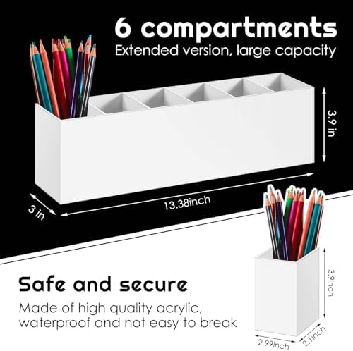 2 Pcs Acrylic Makeup Brush Holder 6 Compartments Pen Organizer, White - Image 2
