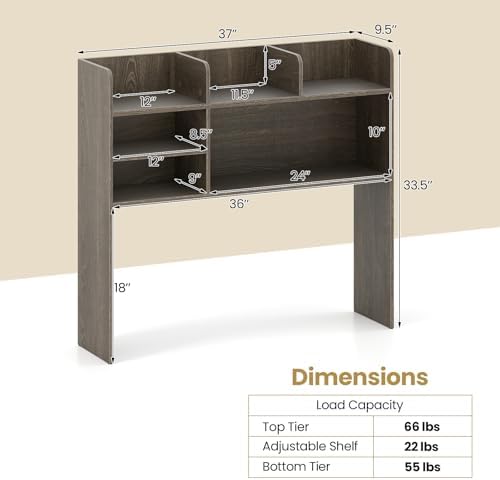 Tangkula Desktop Bookshelf for Computer Up to 32”, 37” Countertop Storage Hutch with 6 Storage Shelves, 3-Tier Desktop Organizer Display Rack, Wooden Desk Hutch for Dorm Home Office (Grey,6 Shelves) - Image 3