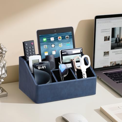 PU Leather Desk Organizer, Remote Control Holder, Dark Blue - Image 3