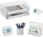 EasyPAG Desk Organizers and Accessories 5 Pieces Office Supplies Set - 2 Tier Paper Tray, Pencil Organizer for Desk, Mail Sorter Countertop, Business Card Holder and Sticky Note Holder, White by EasyPAG