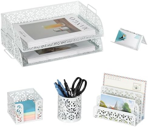 EasyPAG Desk Organizers and Accessories 5 Pieces Office Supplies Set - 2 Tier Paper Tray, Pencil Organizer for Desk, Mail Sorter Countertop, Business Card Holder and Sticky Note Holder, White by EasyPAG